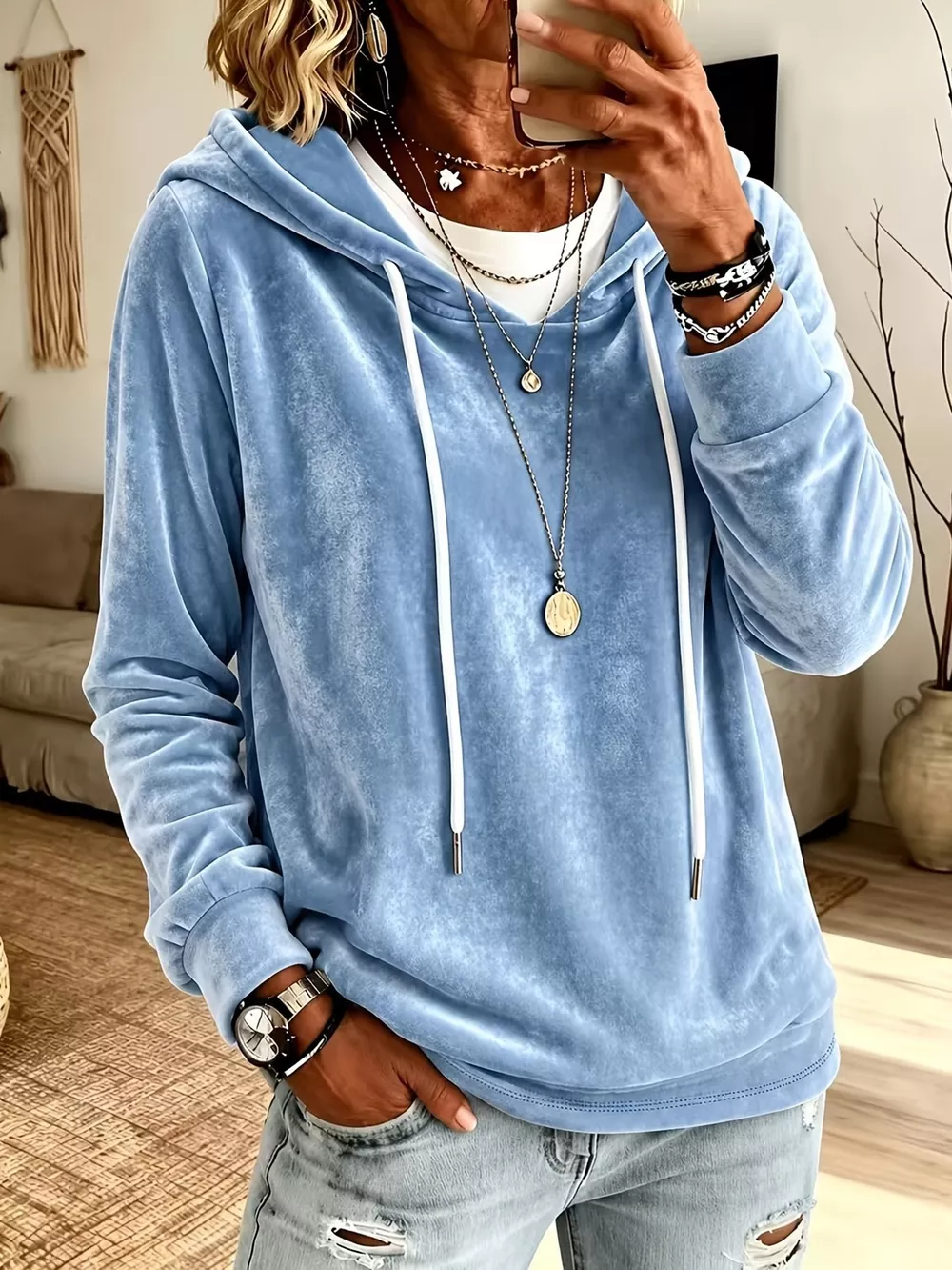 Full Size Drawstring Velvet Long Sleeve Hoodie Plus Size, image 5