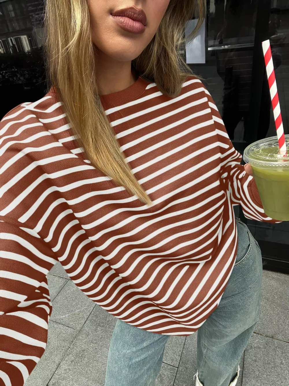 Striped Round Neck Oversized Casual Sweatshirt, image 29