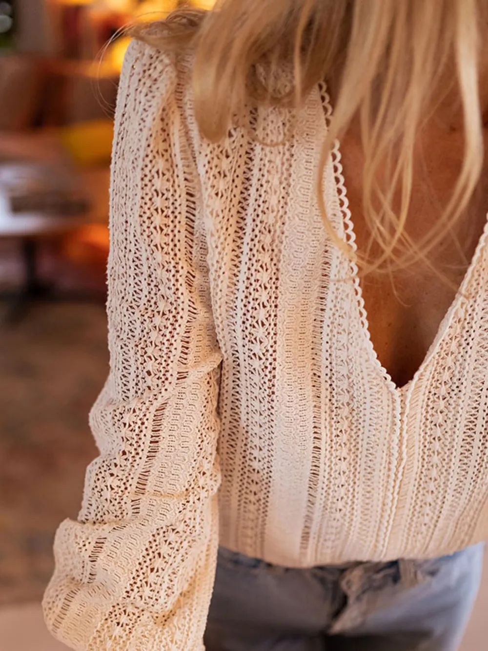 Lace V-Neck Long Sleeve Top, image 2