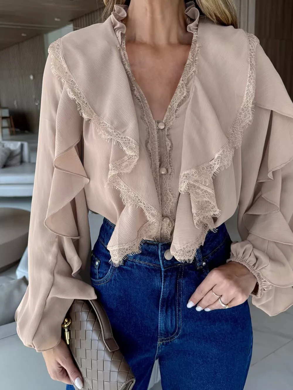 V-Neck Ruffled Lace Trim Blouse, image 7