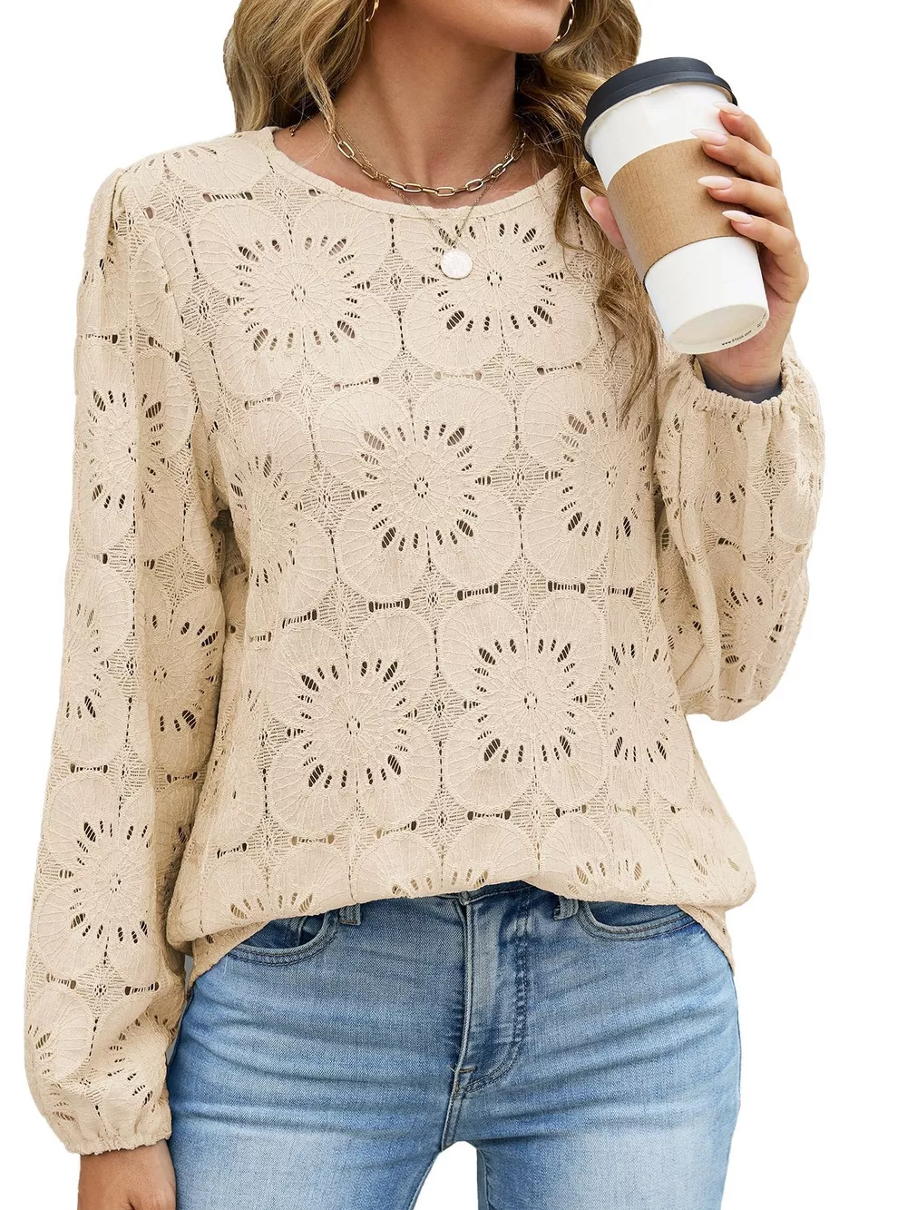 Floral Eyelet Lace Long Sleeve Blouse, image 10