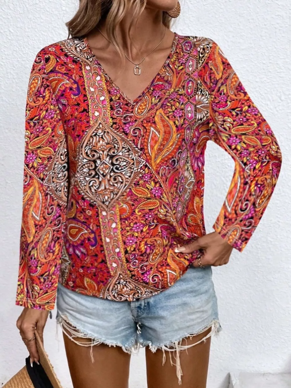 Paisley Print V-Neck Long Sleeve Blouse, image 10