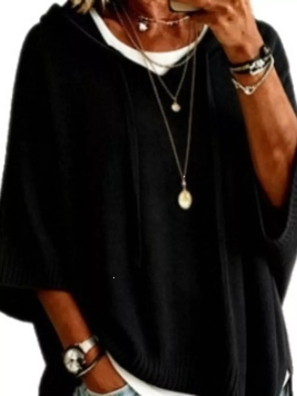 Casual Loose Fit Hooded Knit Sweater with Ribbed Hem, image 6