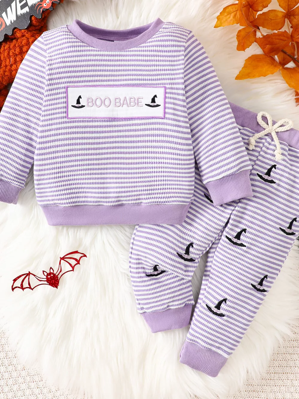 Children's Halloween Pumpkin Striped Long Sleeve Pajama Set, image 8
