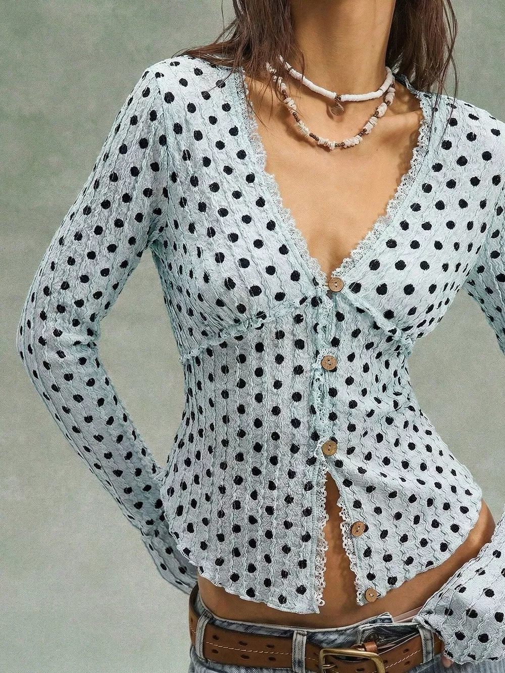 Polka Dot Button Down Textured Long Sleeve Blouse, image 16