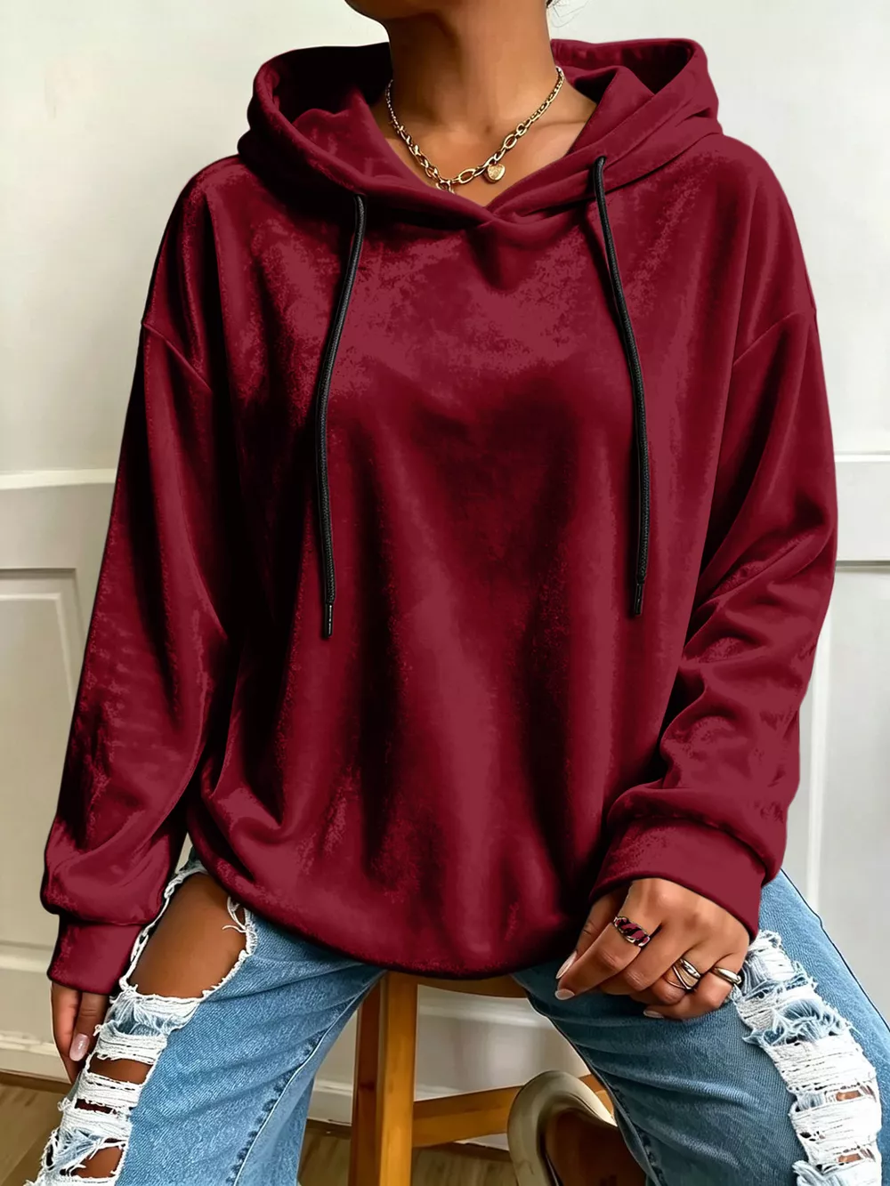 Plus Size Velvet Drawstring Dropped Shoulder Hoodie, image 7
