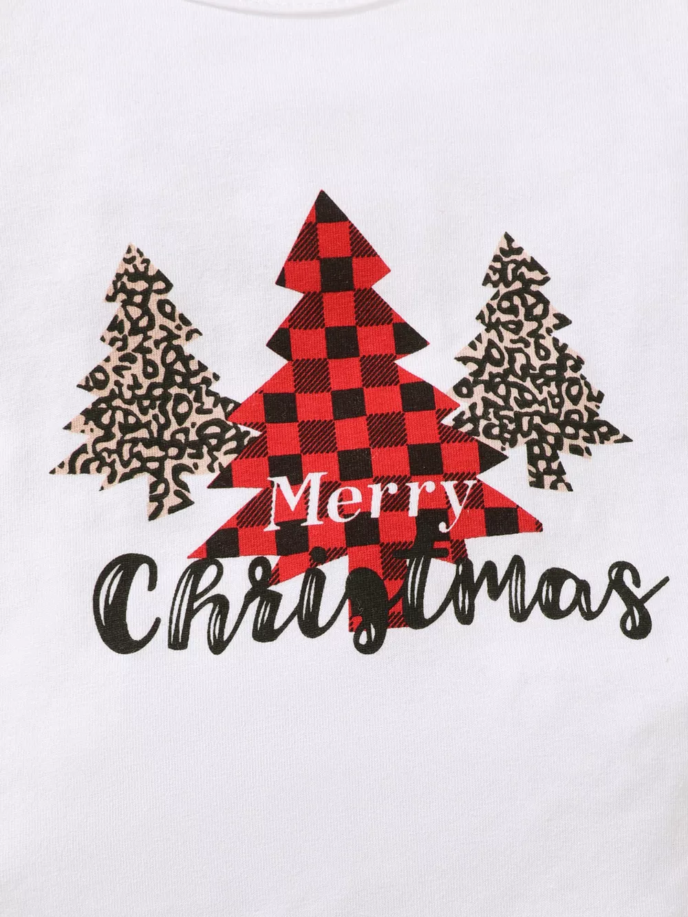 Children's Christmas Tree Graphic Top and Plaid Ruffle Pants Set with Headband, image 5