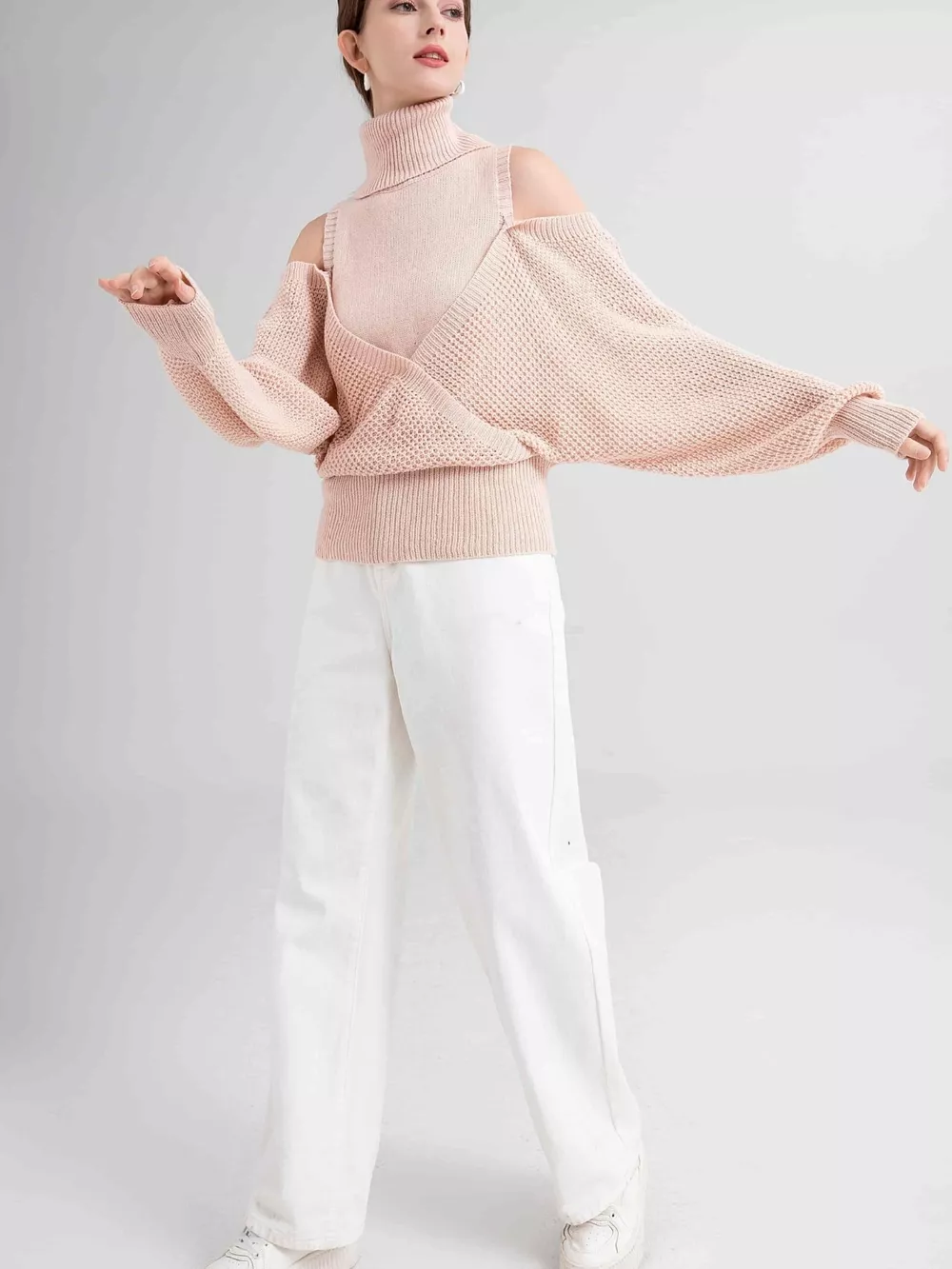 Waffle Knit Cold Shoulder Turtleneck Sweater, image 6