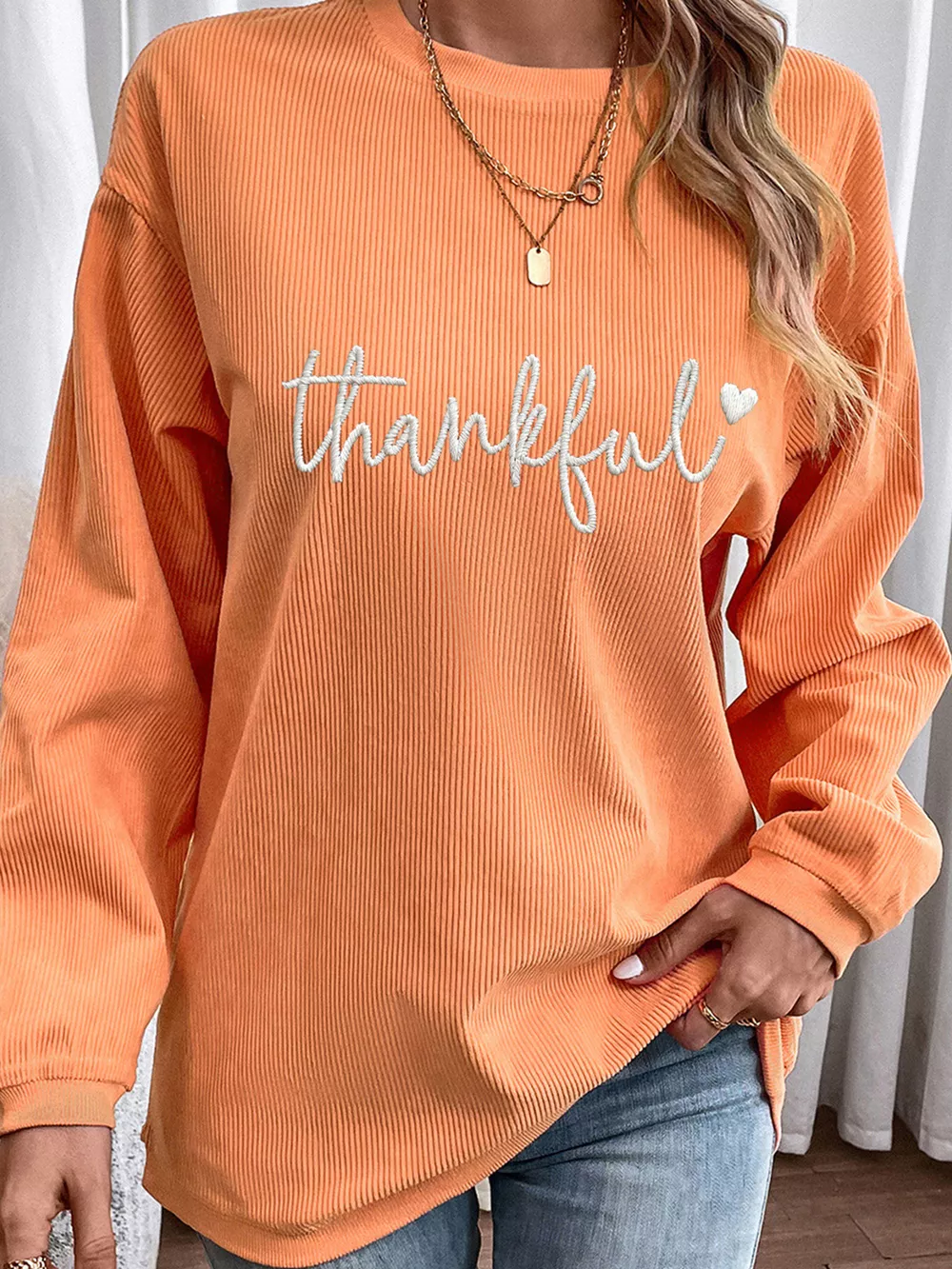 Thankful Embroidered Corded Crewneck Sweatshirt