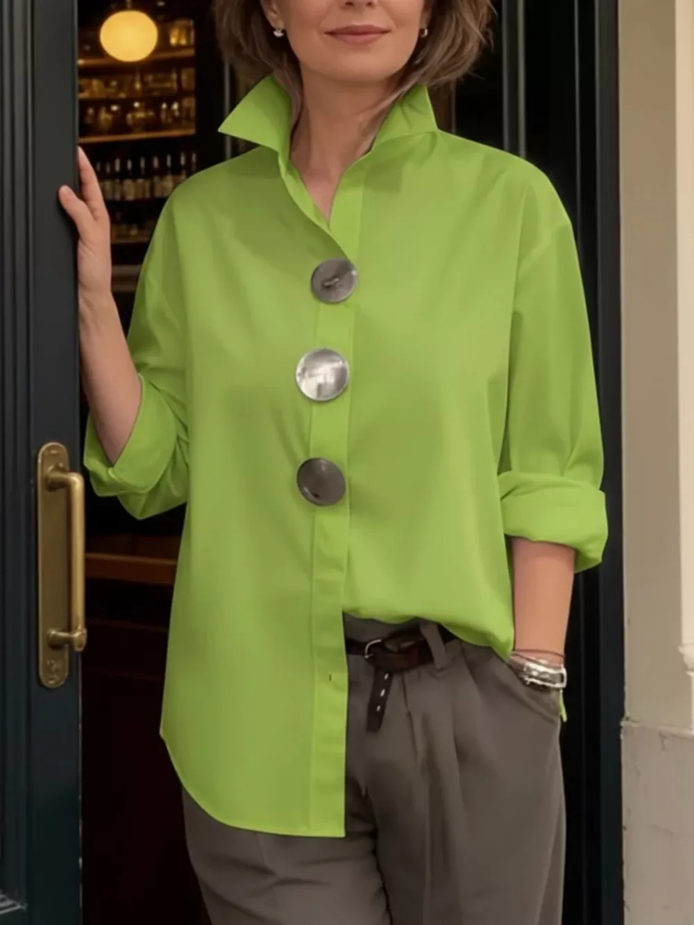 Full Size Oversized Metal Button Long Sleeve Shirt Plus Size, image 10