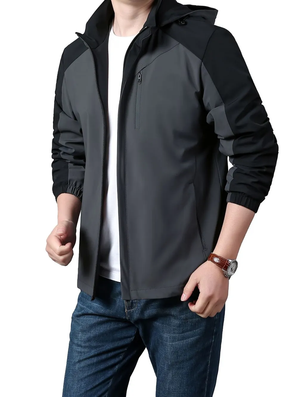 Men's Plus Size Hooded Colorblock Lightweight Jacket