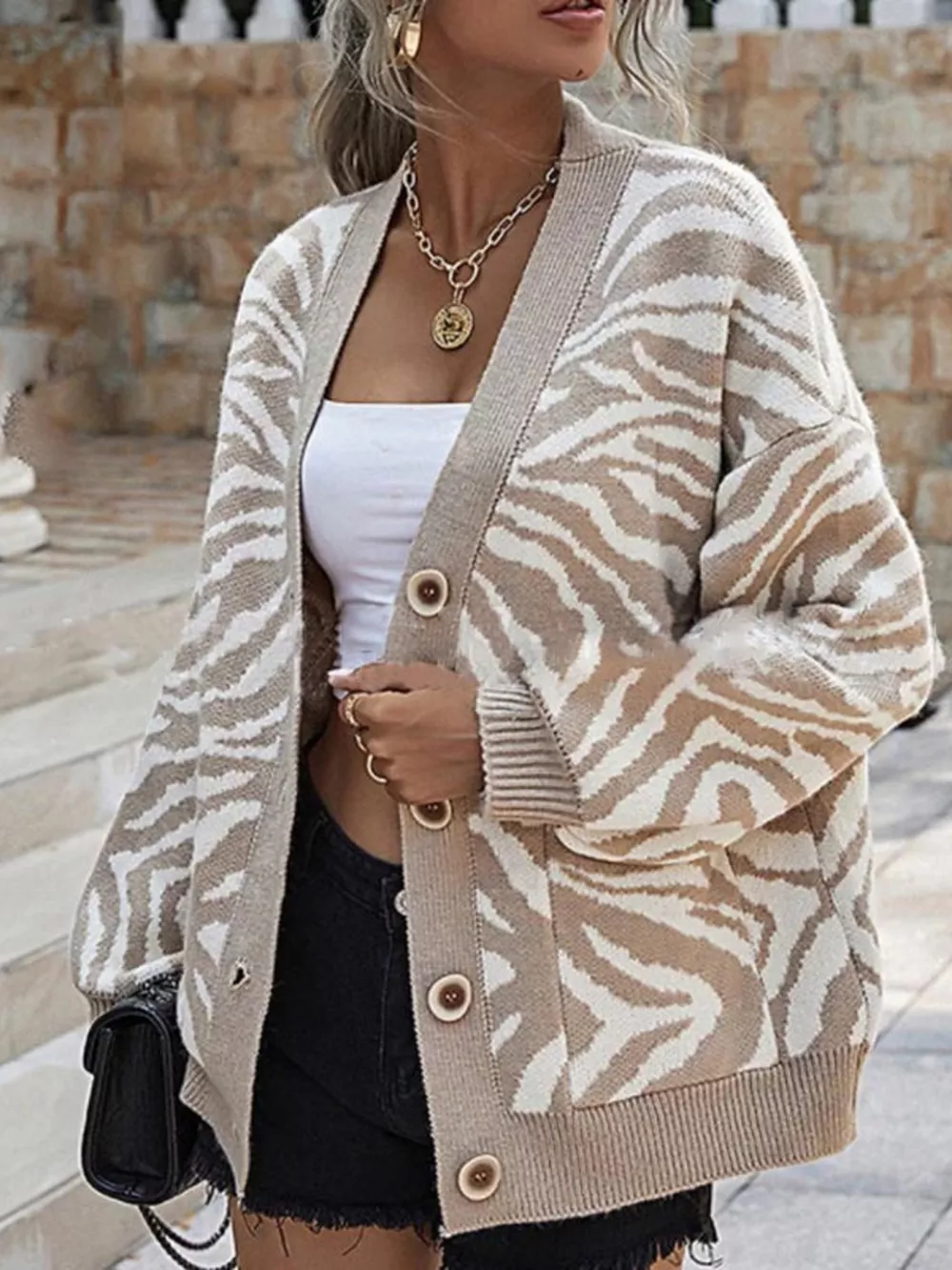 Zebra Print Button Up Cardigan, image 2
