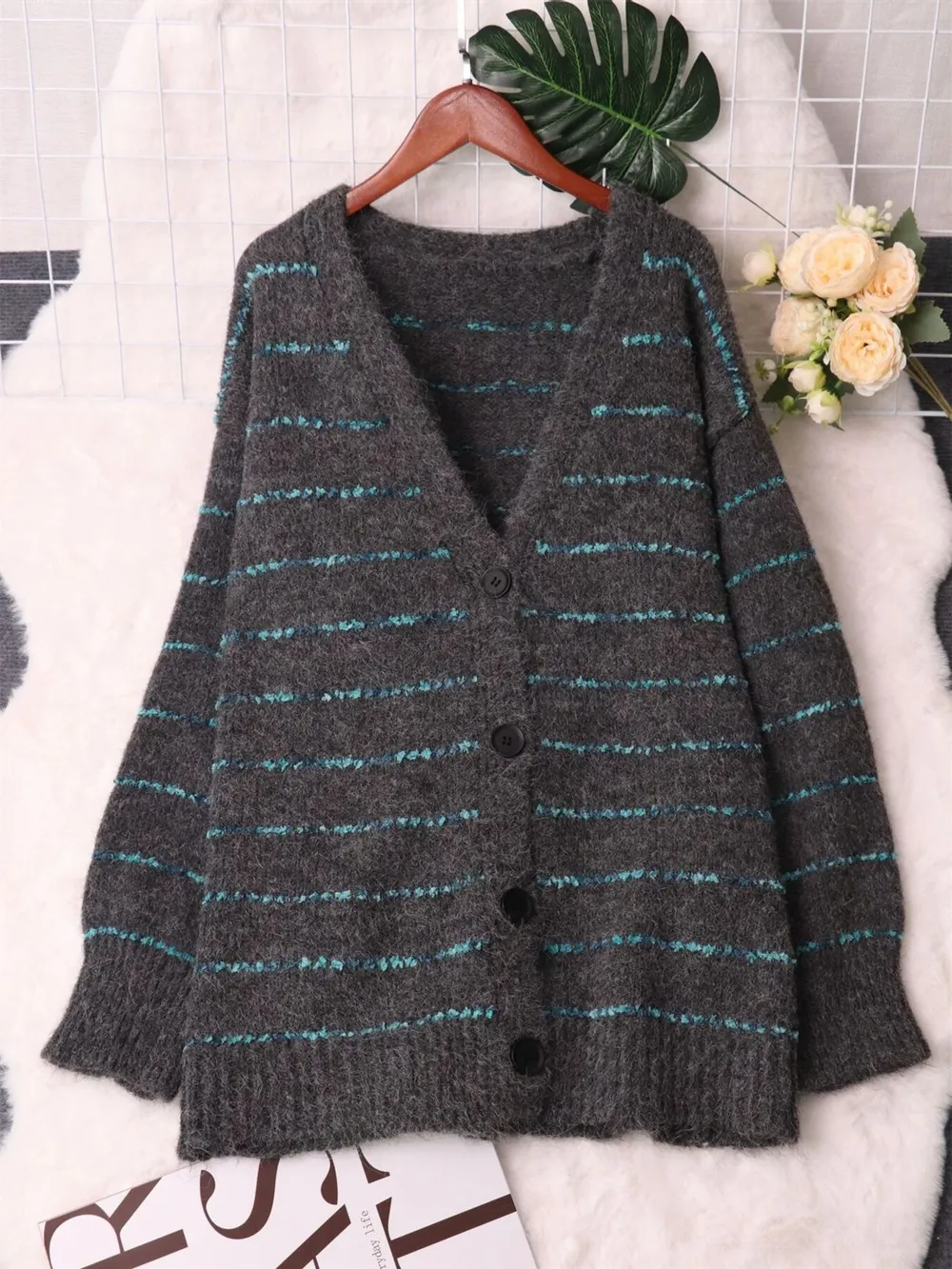 Striped Button-Up Cardigan with V-Neck Design, image 23