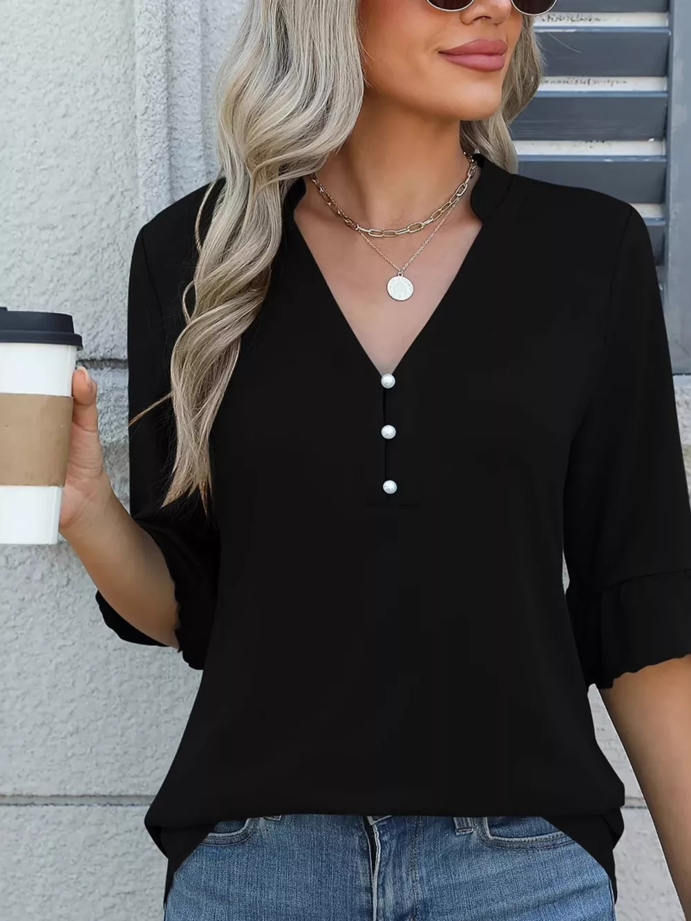 Full Size Notched Flounce Sleeve Blouse Plus Size