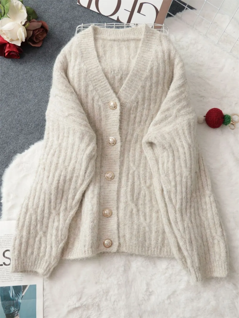 Cable Knit Button-Up Cardigan, image 8