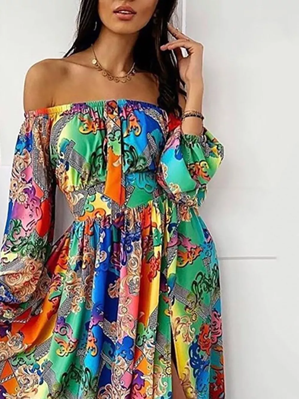 Slit Printed Off Shoulder Maxi Dress, image 2