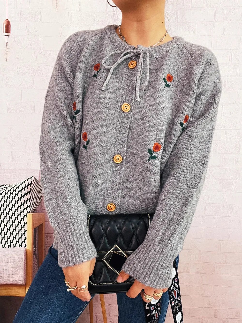 Rose Embroidered Button-Up Cardigan, image 7