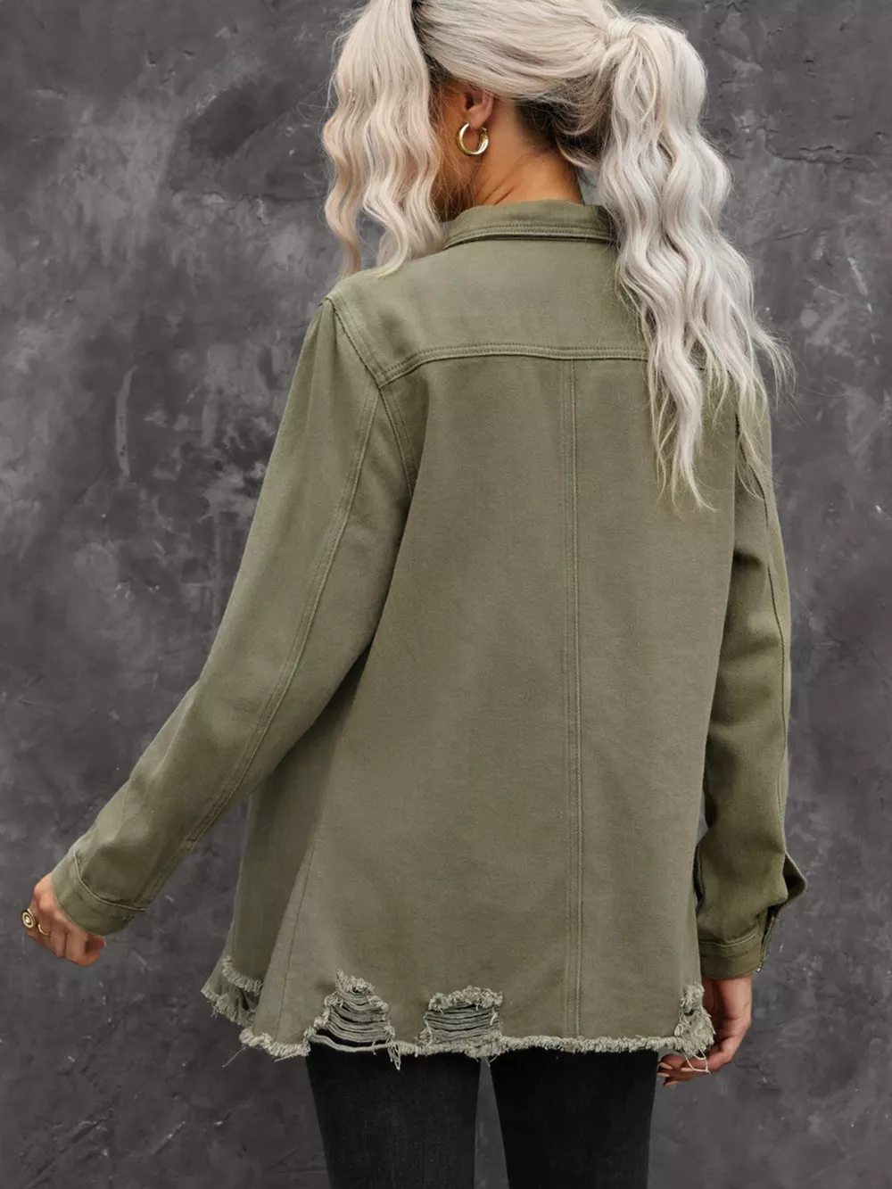 Raw Hem Distressed Denim Shirt Jacket, image 5
