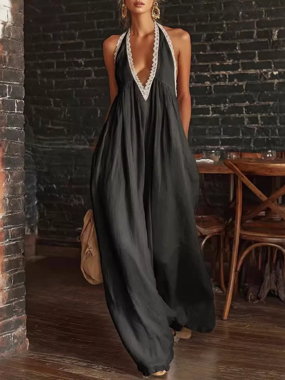 Full Size Halter Neck Lace Trim Wide Leg Jumpsuit Plus Size, image 5