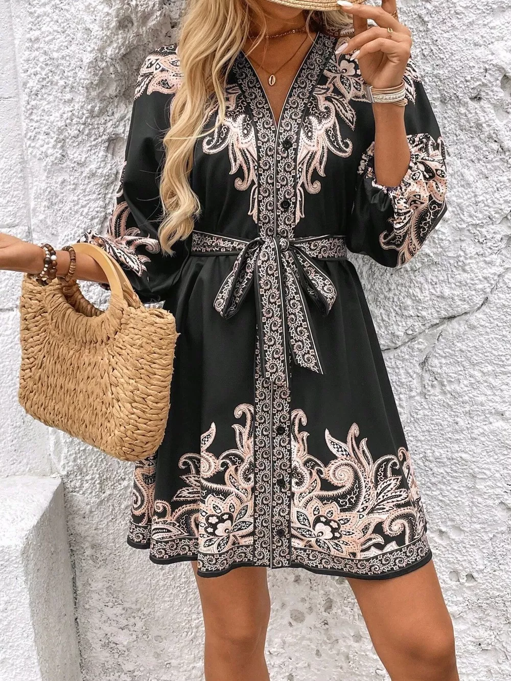 Paisley Print V-Neck Belted Mini Dress