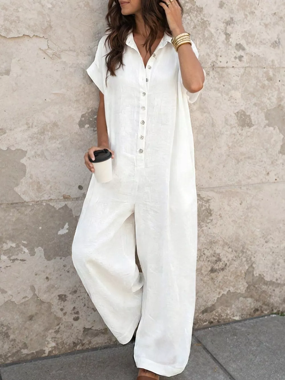 Button Front Short Sleeve Jumpsuit, image 2