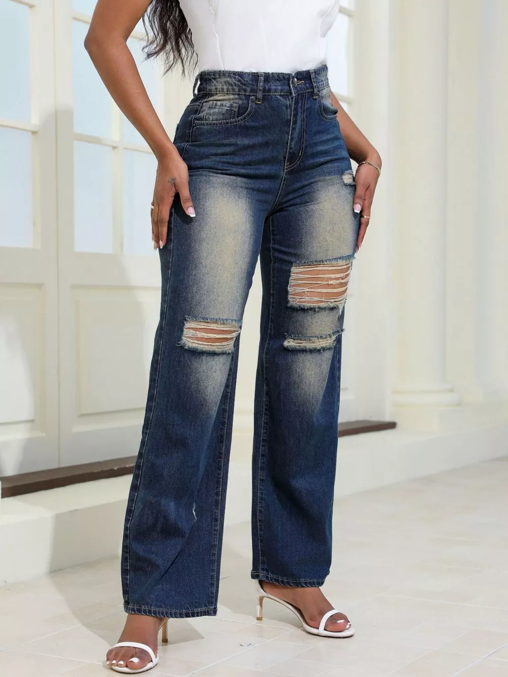 High-Waisted Distressed Wide-Leg Jeans, image 2