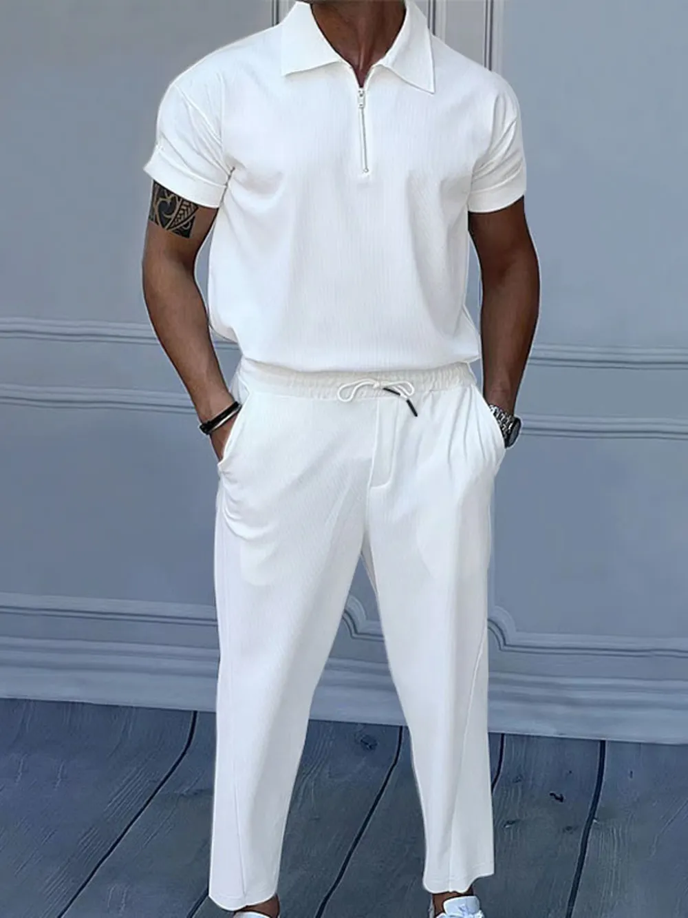 Men's Full Size Quarter Zip Short Sleeve Polo and Pants Set Plus Size, image 2