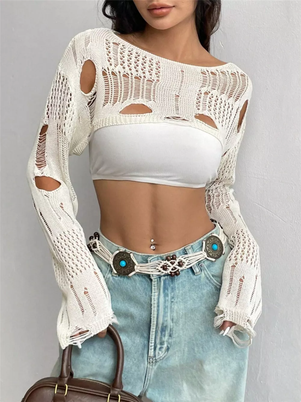 Distressed Cropped Knit Cover Up, image 8