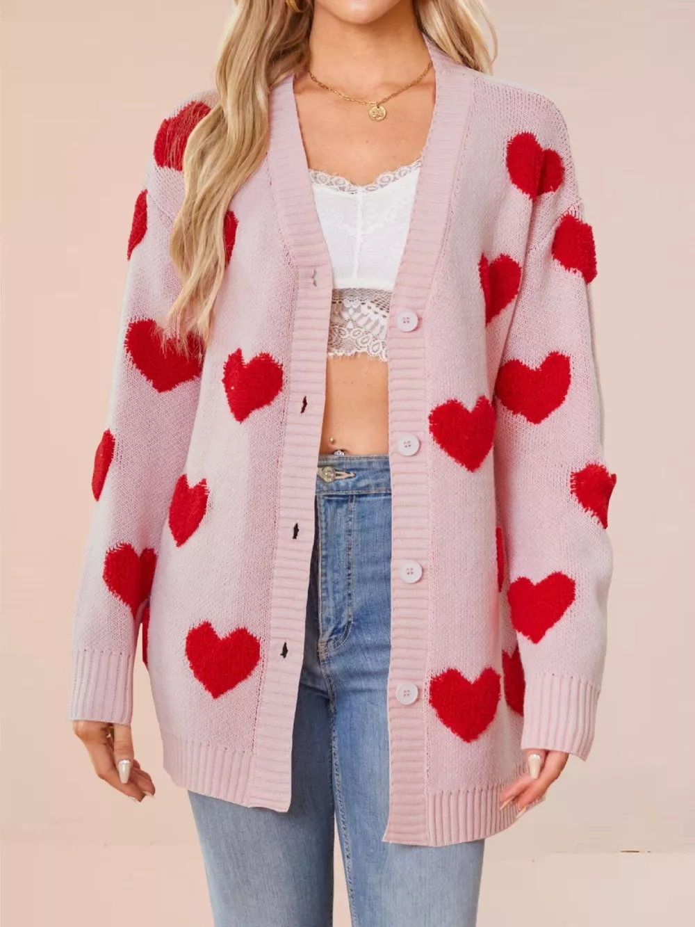 Heart Pattern V-Neck Button-Down Knit Cardigan, image 6