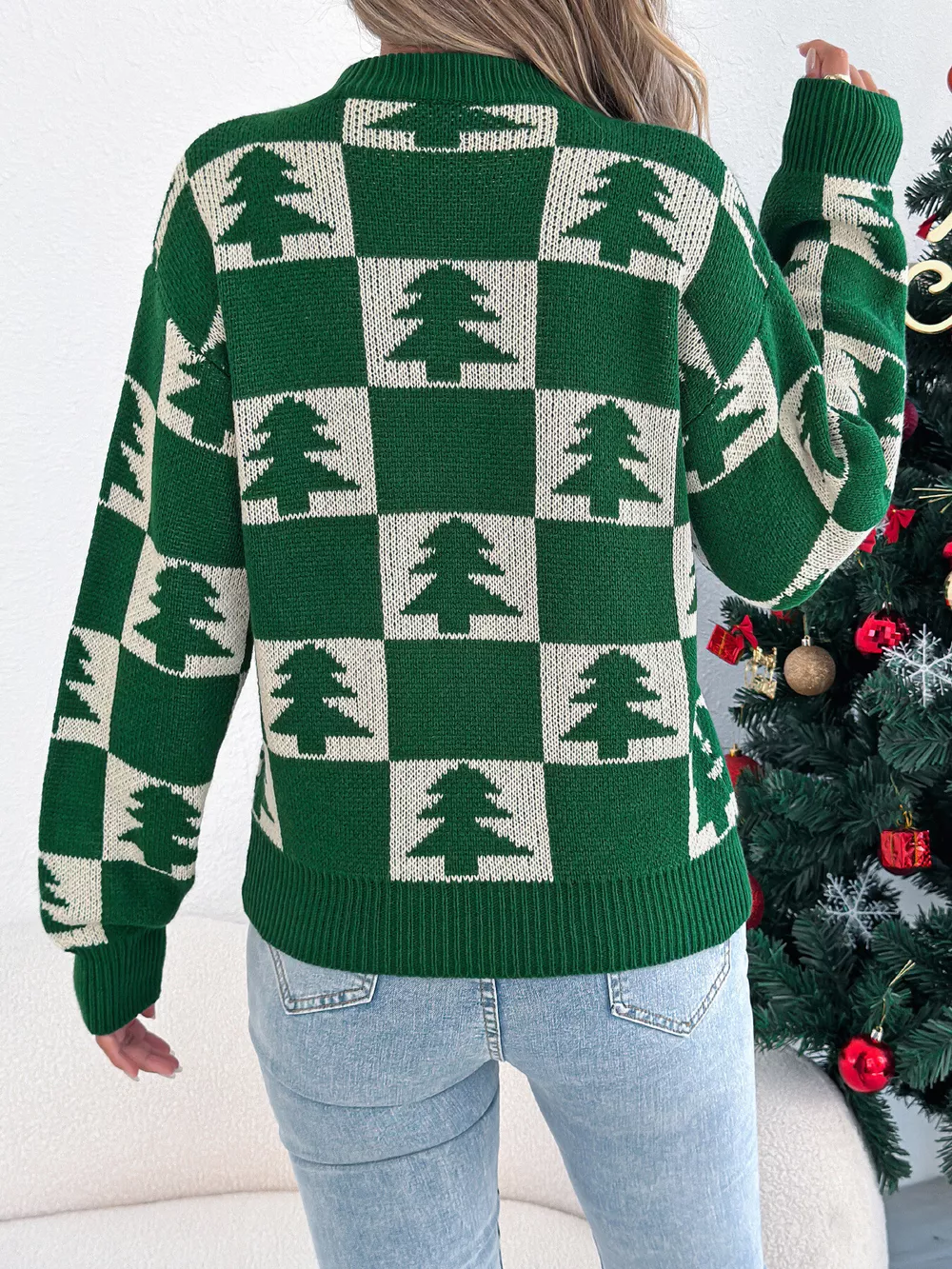 Christmas Tree Checkerboard Pattern Sweater, image 3