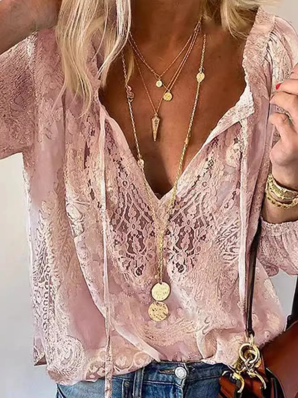 Lace Tie Neck Long Sleeve Blouse, image 7