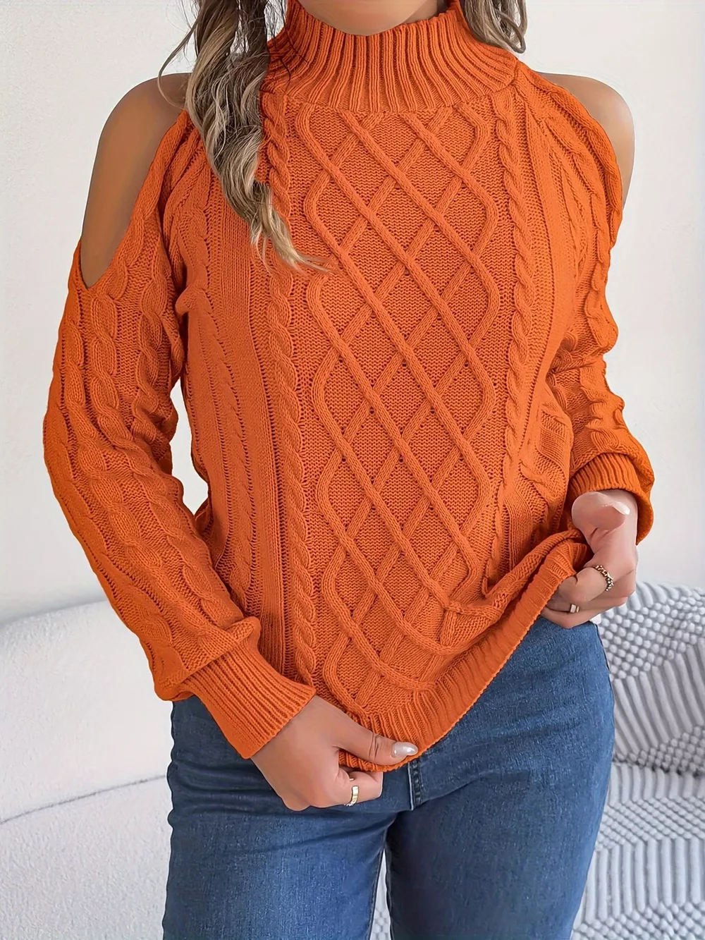 Cold-Shoulder Cable Knit Sweater, image 5