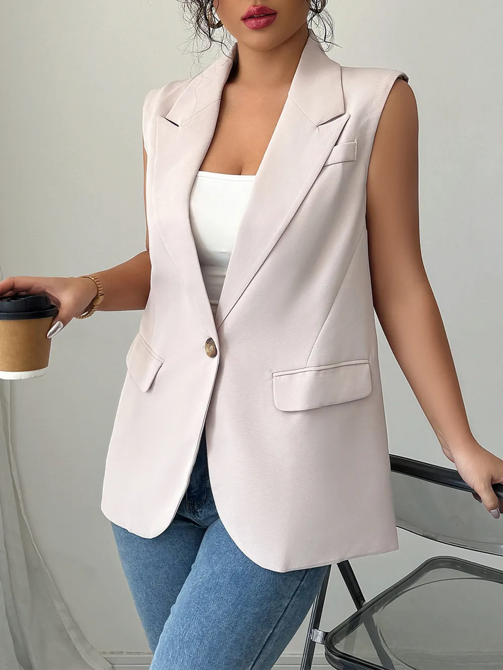 One Button V-Neck Blazer Vest Coat, image 2