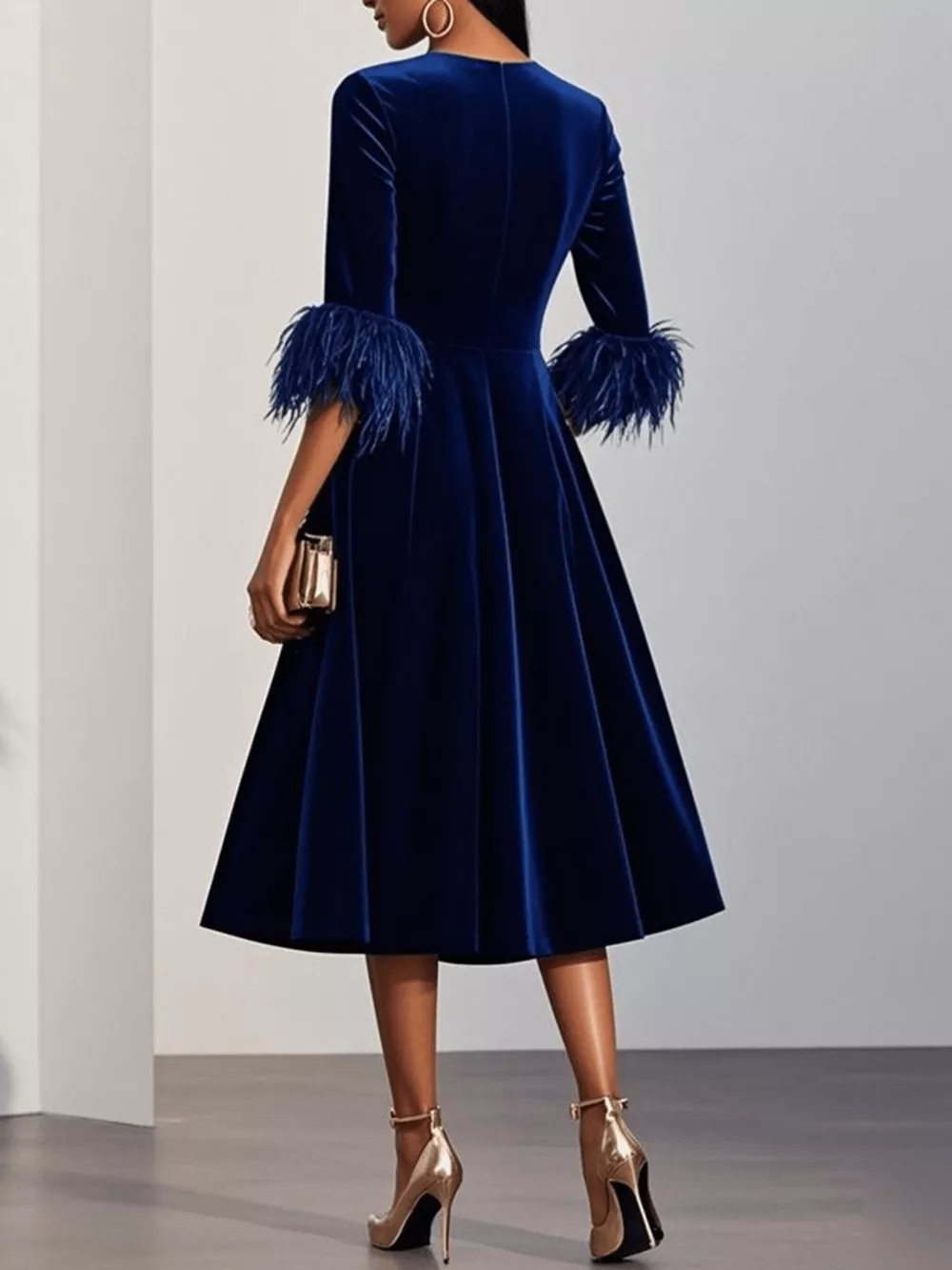 Velvet Midi Dress with Feather Cuffs, image 5