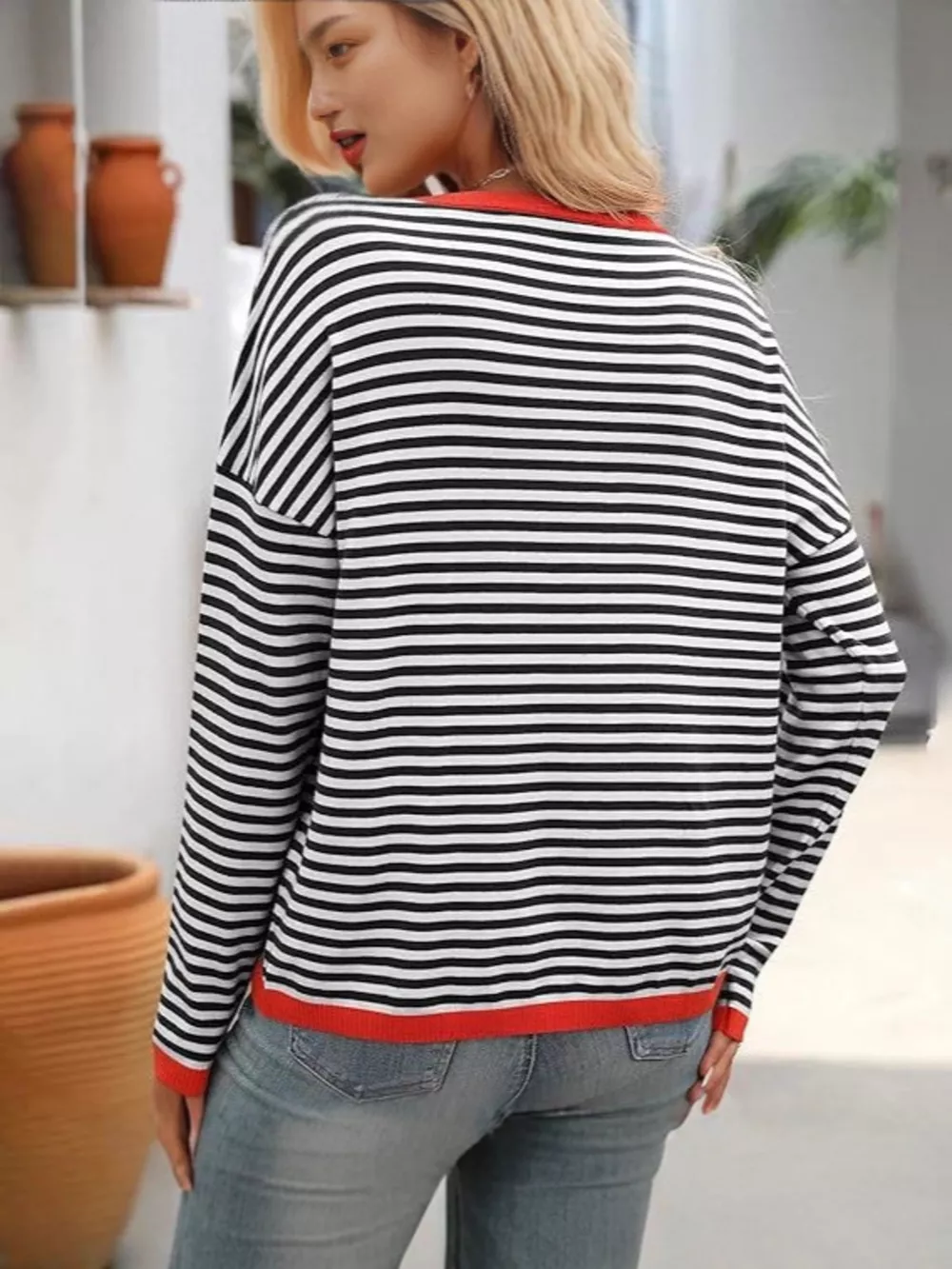 Plus Size Contrast Striped Long Sleeve Sweater, image 6