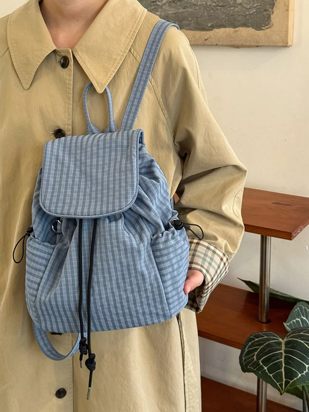 Plaid Drawstring Closure Backpack Bag, image 6