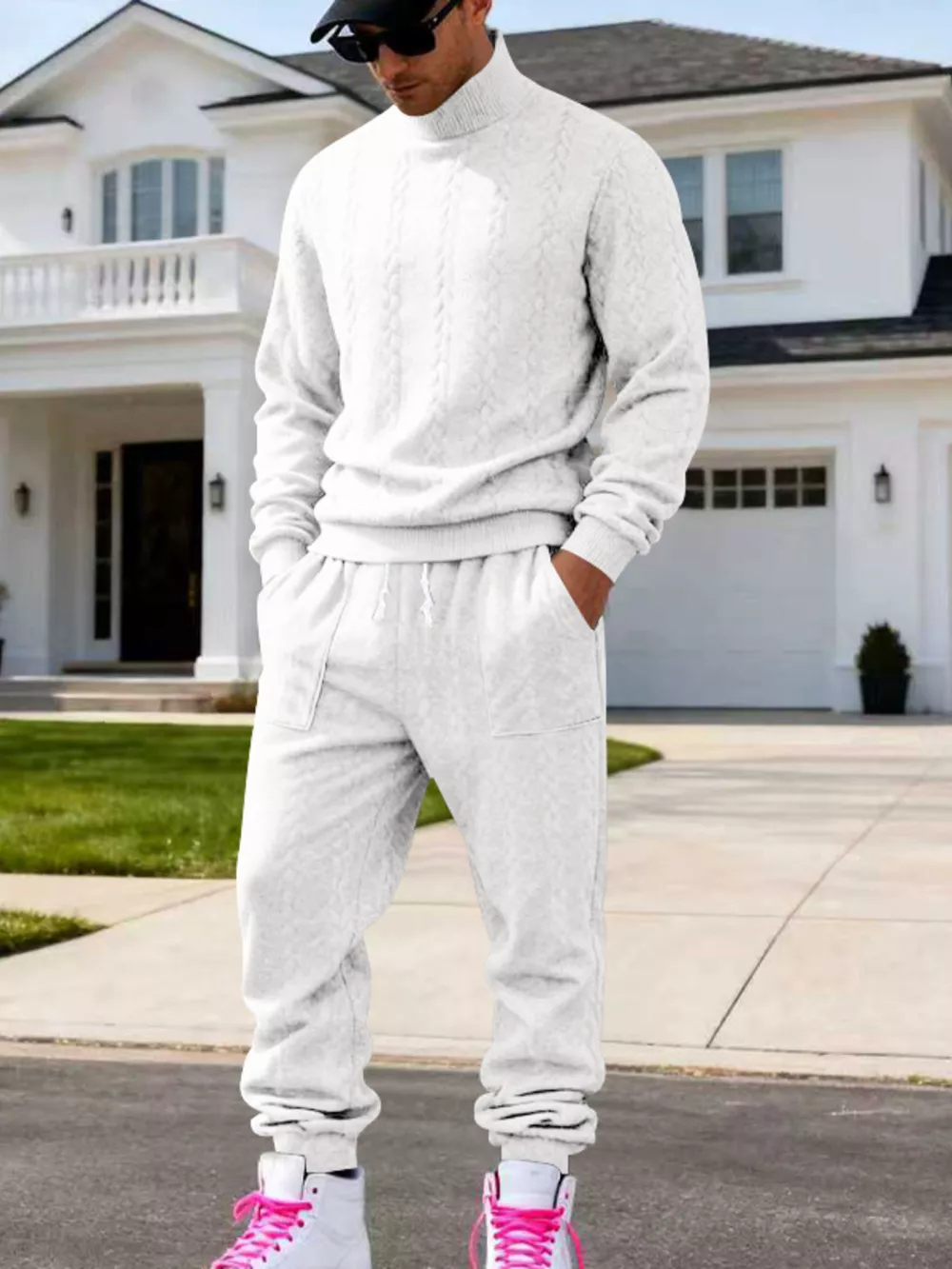 Men's Full Size Cable Knit Mock Neck Sweater and Joggers Set Plus Size, image 16