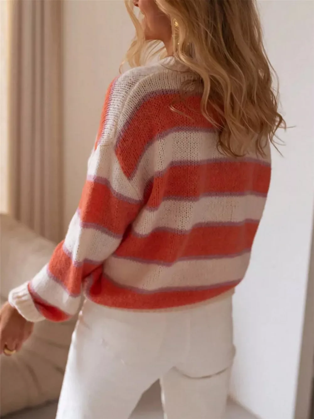 Striped Round Neck Dropped Shoulder Sweater, image 3
