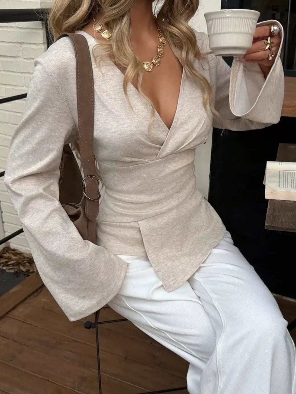 Elegant V-Neck Wrap Asymmetrical Blouse with Flared Sleeves, image 13