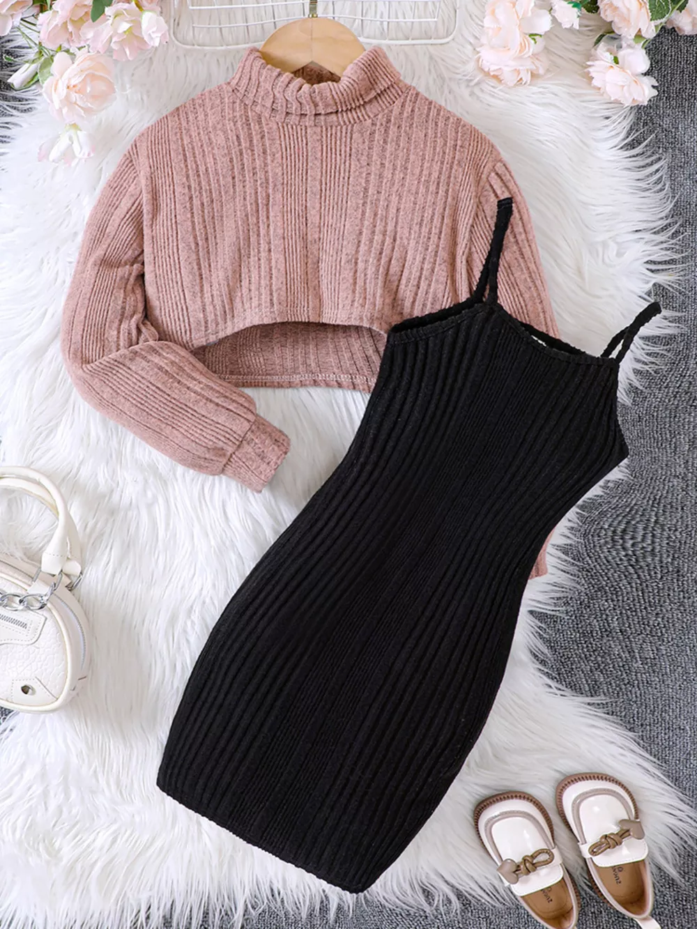 Children's Ribbed Knit Two-Tone Dress Set, image 3