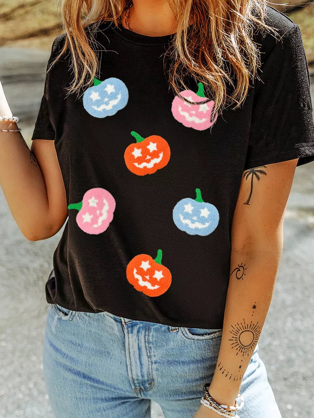Chenille Pumpkin Patched Playful Halloween T Shirt, image 2