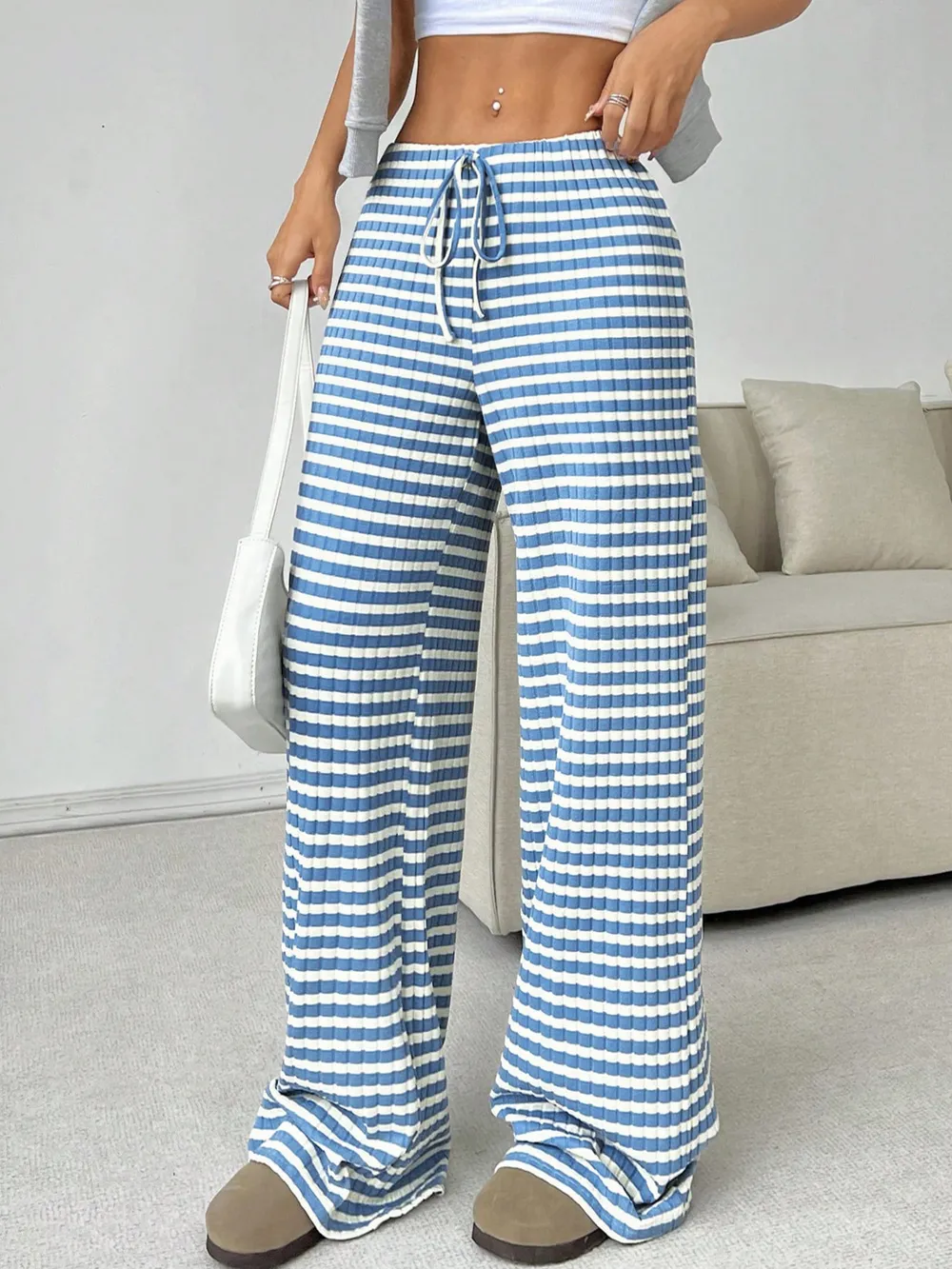 Striped Wide Leg Drawstring Pants, image 6