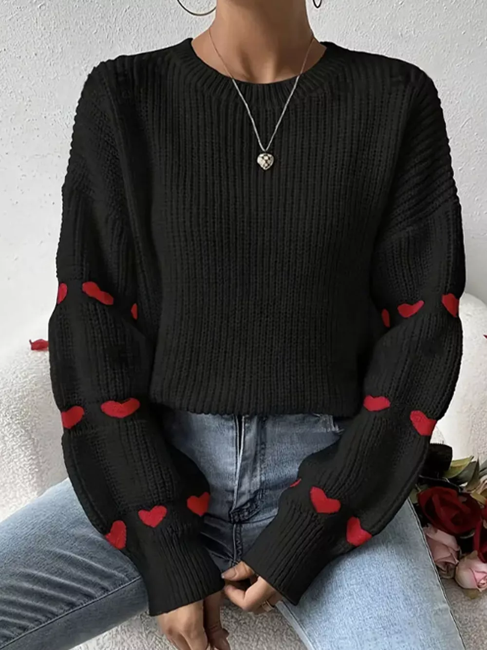 Heart Pattern Dropped Shoulder Sweater, image 6