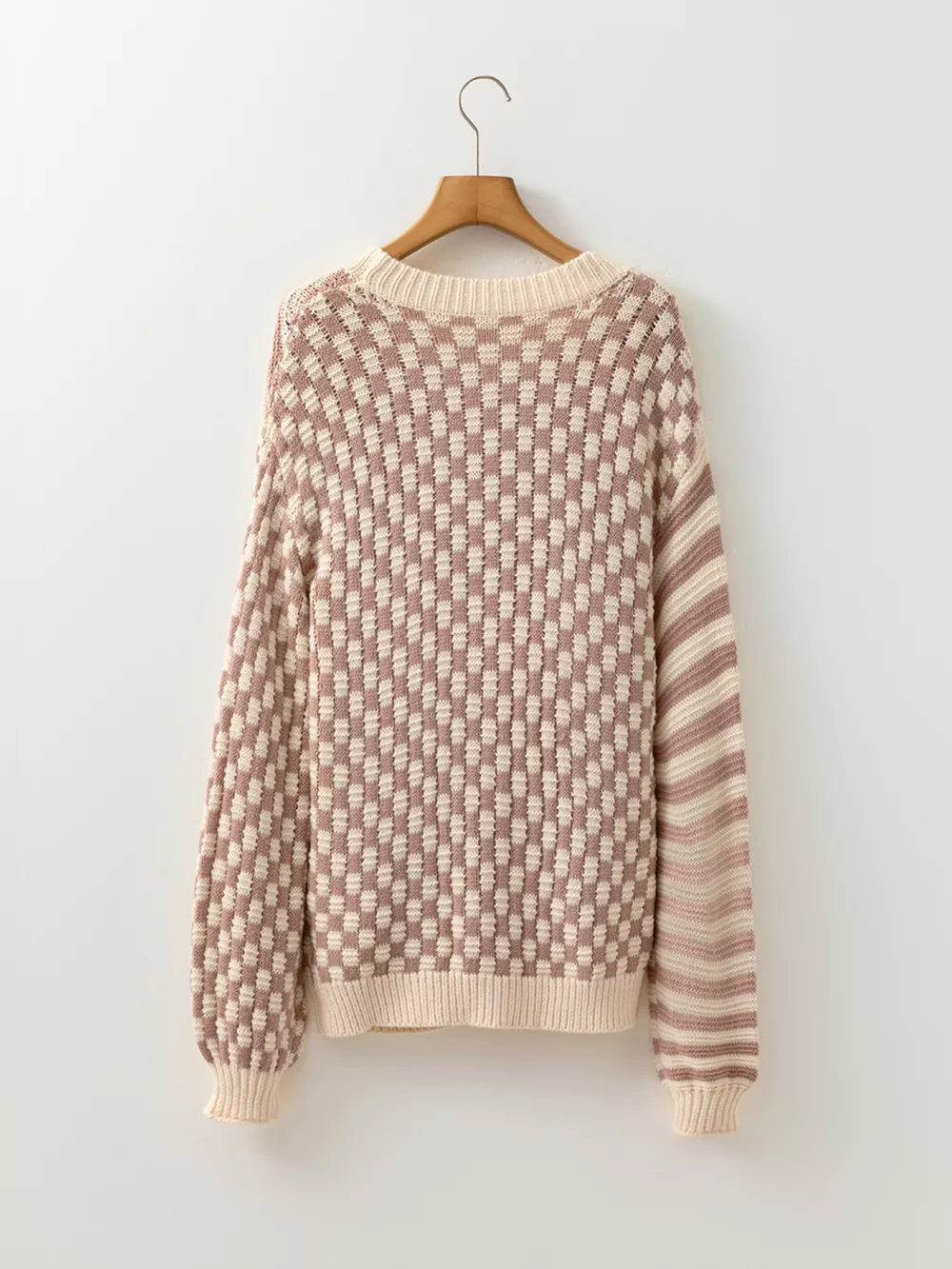 Checkerboard & Striped Pattern Knit Sweater, image 4