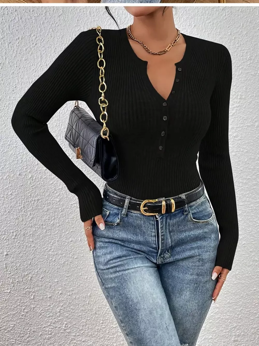 Ribbed Knit Button Front Knit Top, image 5