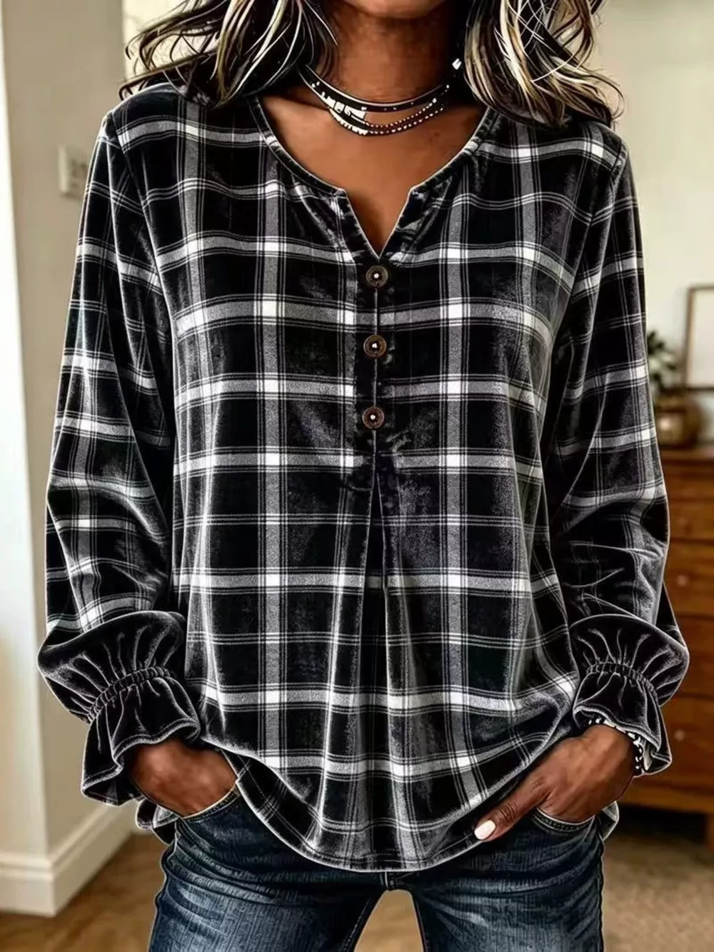 Full Size Plaid Velvet Flounce Sleeve Blouse Plus Size