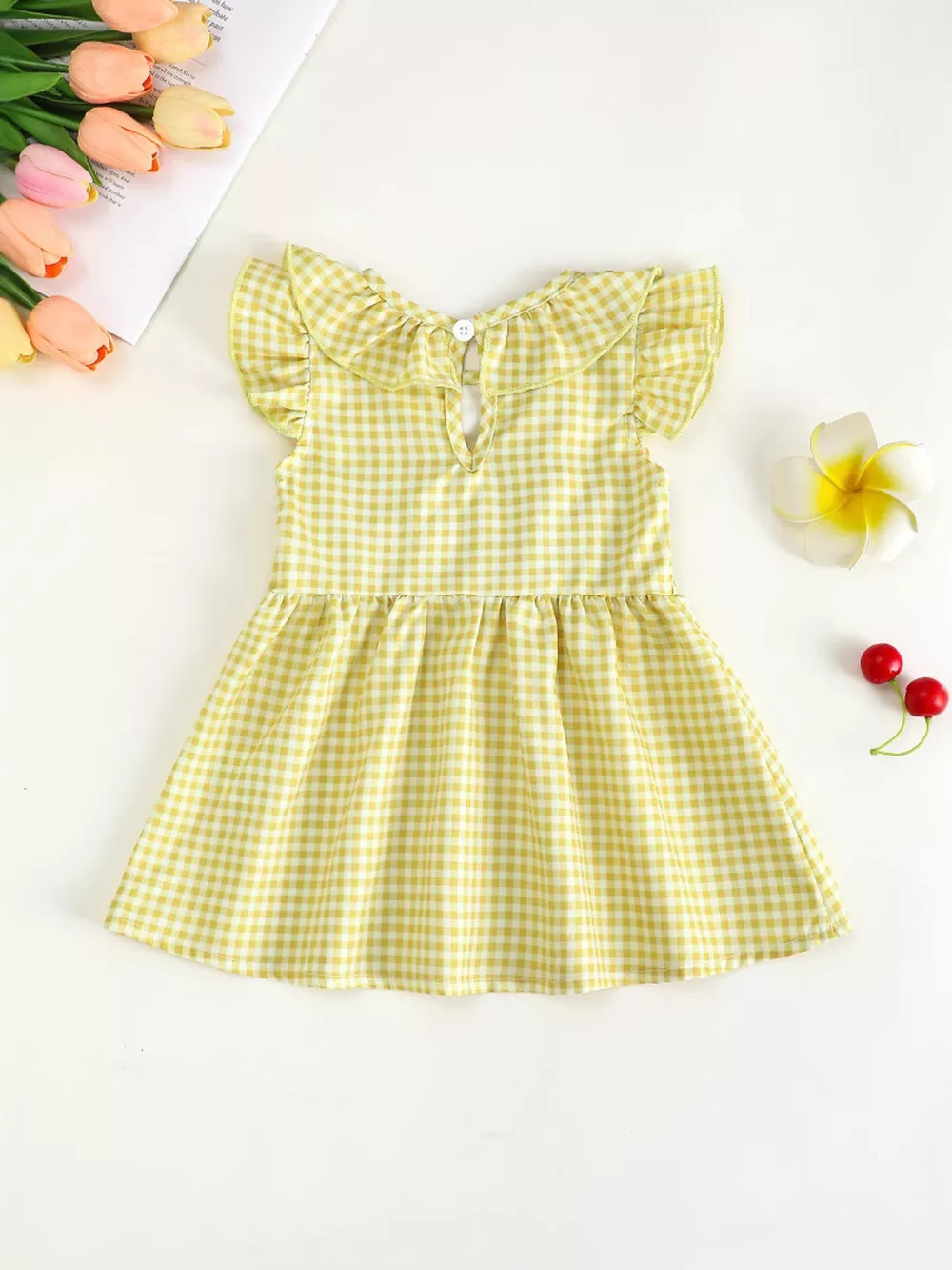 Children's Gingham Ruffle Dress with Floral Appliques, image 2