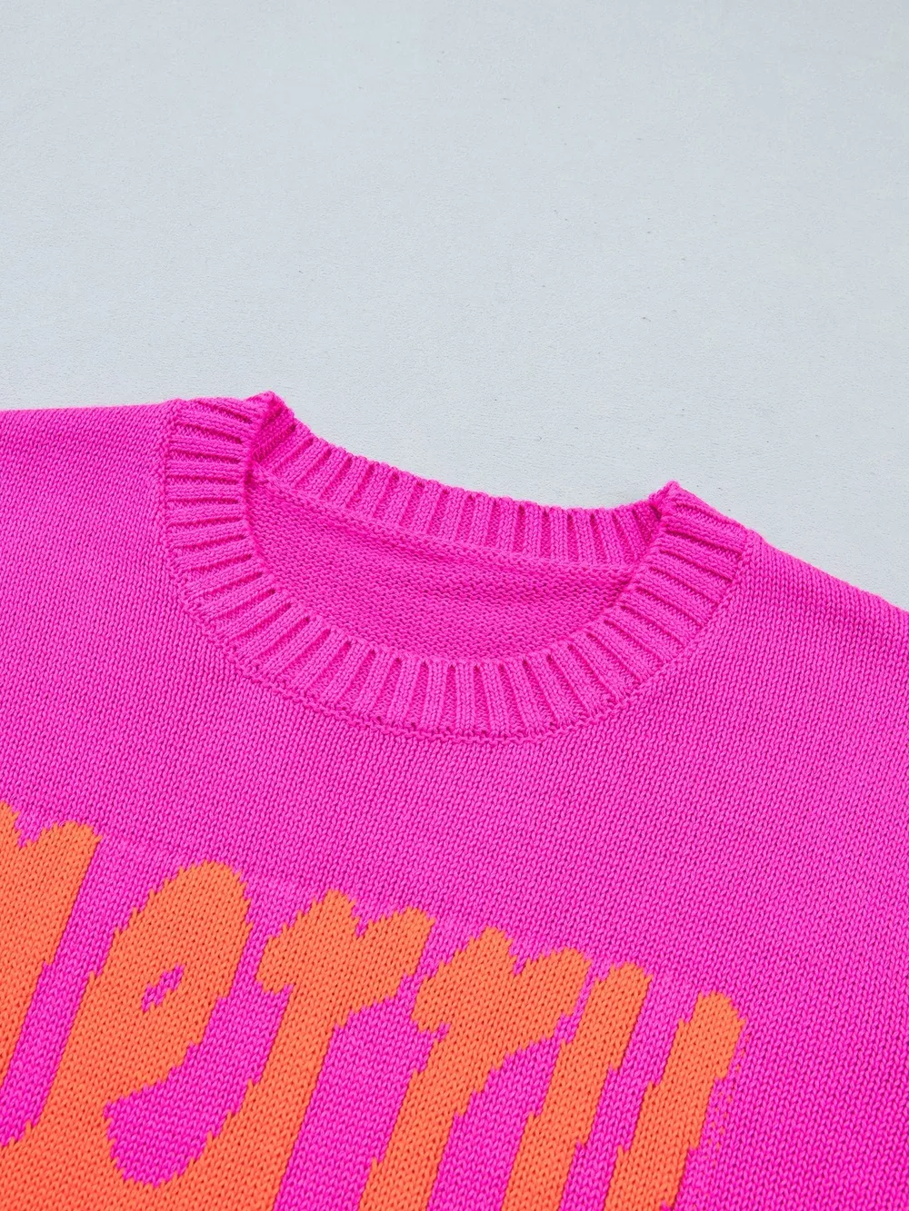 Merry Print Ribbed Trim Round Neck Loose Fit Sweater, image 7