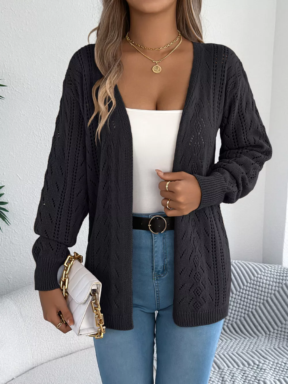 Openwork Open Front Cardigan, image 3