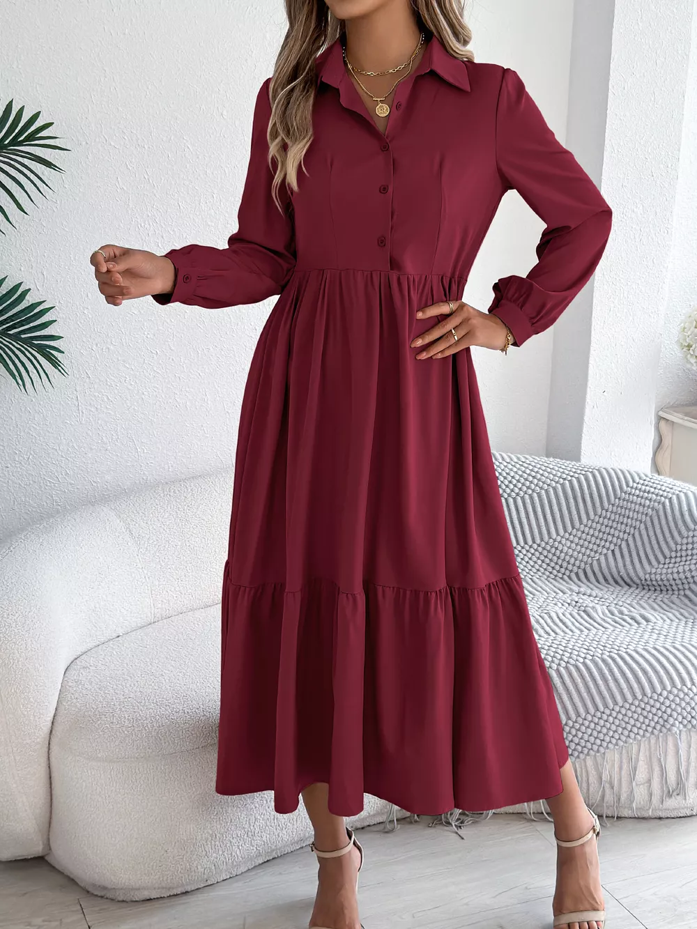 Long Sleeve Tiered Button Front Midi Dress, image 3